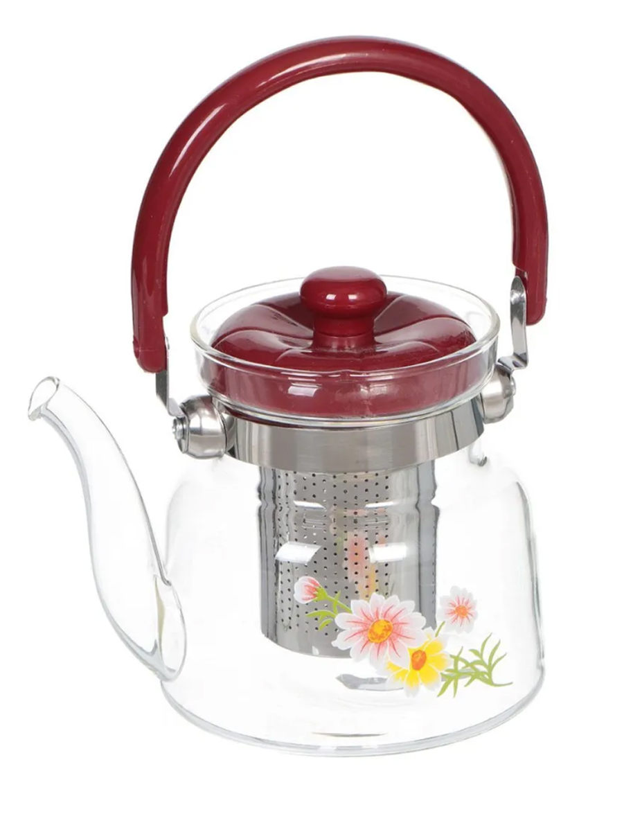 фото Чайник заварочный 600 мл из термостойкого стекла с сито фильтром прозрачный с рисунком urm