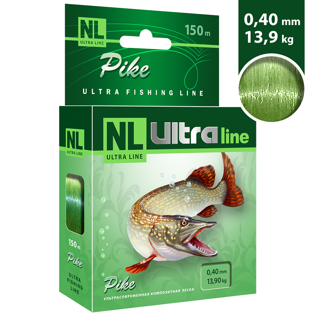 Леска AQUA NL ULTRA PIKE (Щука) 150m 0,40mm, цвет - светло-зеленый, test - 13,90kg, NL ULTRA
Леска AQUA NL ULTRA PIKE (Щука) 150m 0,40mm, цвет - светло-зеленый, test - 13,90kg, NL ULTRA