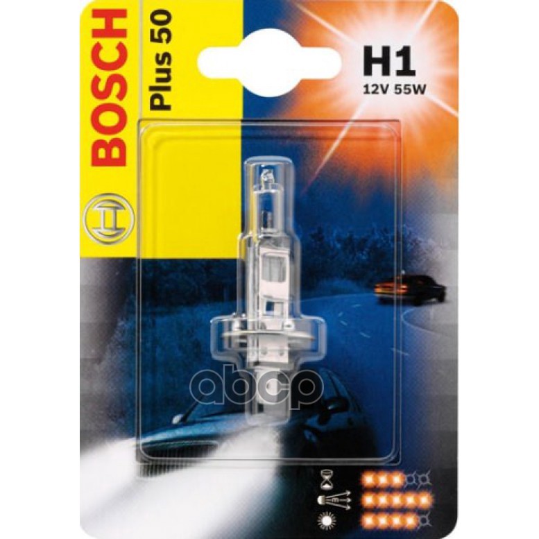 фото Лампа галогенная (h1) 12v 55w p14.5s 50% мощности света в блистере bosch 1 987 301 041