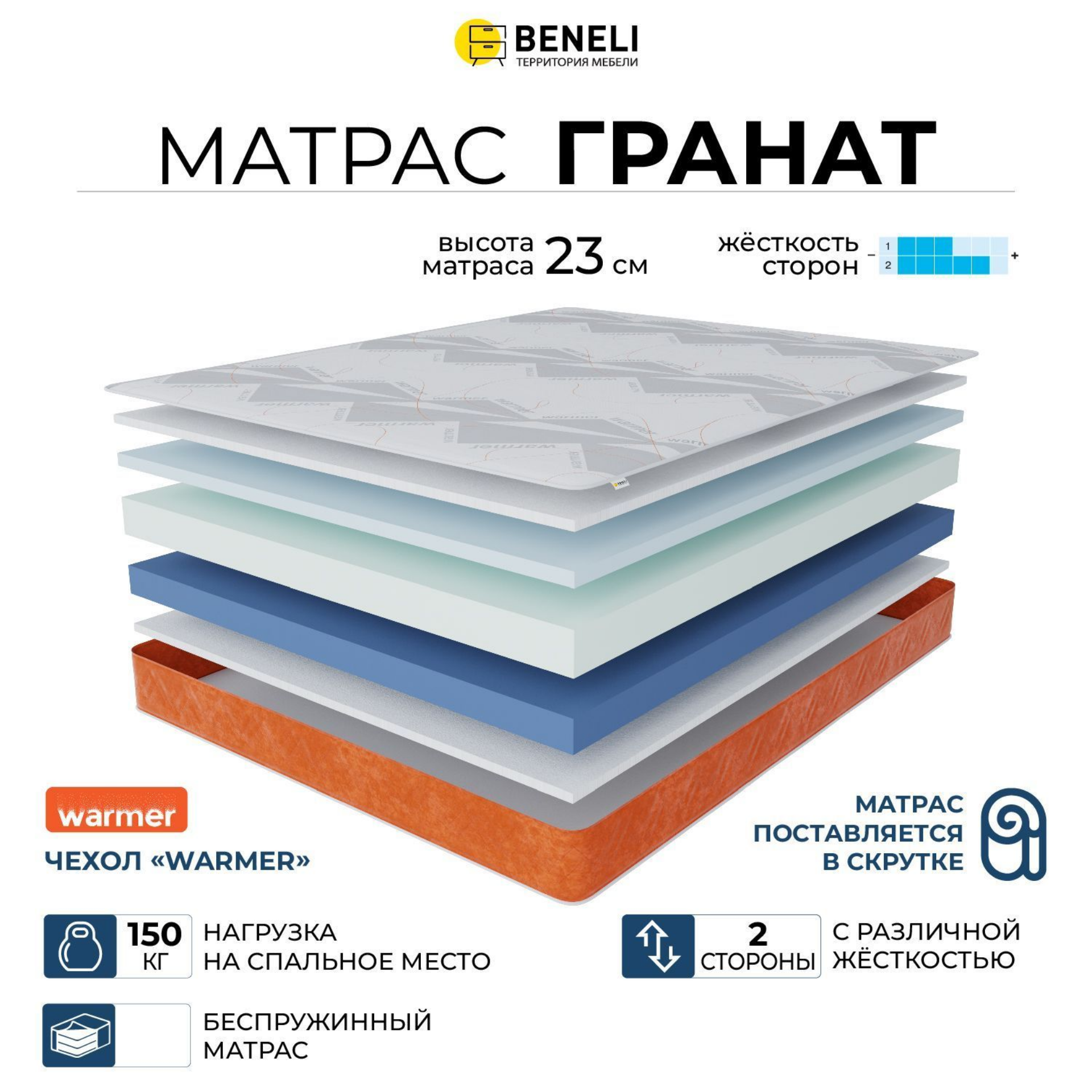 Ортопедический матрас Beneli Гранат в чехле Warmer, скрутка, эффект памяти, 180х200, Белый;оранжевый;серый, ГРАНАТ_WARMER_СКРУТКА
Ортопедический матрас Beneli Гранат в чехле Warmer, скрутка, эффект памяти, 180х200, Белый;оранжевый;серый, ГРАНАТ_WARMER_СКРУТКА