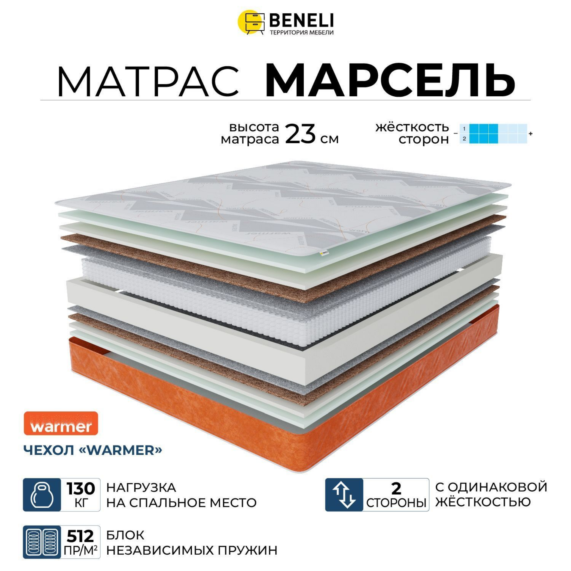 Ортопедический матрас Beneli Марсель в чехле Warmer, Независимые пружины, 140х200, Белый;оранжевый;серый, МАРСЕЛЬ_Warmer
Ортопедический матрас Beneli Марсель в чехле Warmer, Независимые пружины, 140х200, Белый;оранжевый;серый, МАРСЕЛЬ_Warmer