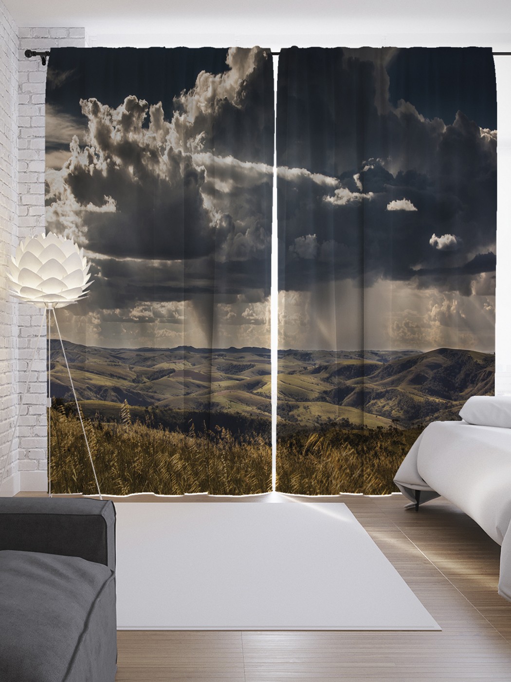 фото Шторы с фотопечатью "облачные холмы" из сатена, 290х265 см joyarty
