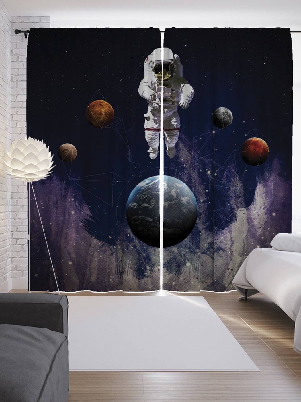 фото Шторы с фотопечатью "круг планет" из сатена, 290х265 см joyarty