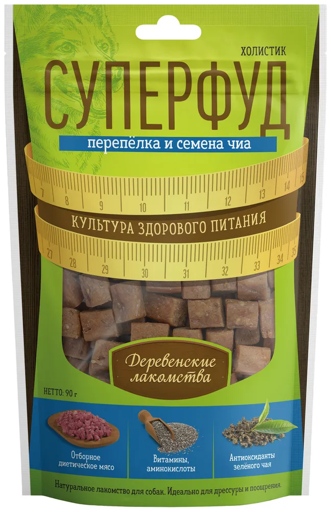 Лакомство для собак Деревенские лакомства Суперфуд перепелка и семена чиа, 10 шт по 90 г
Лакомство для собак Деревенские лакомства Суперфуд перепелка и семена чиа, 10 шт по 90 г