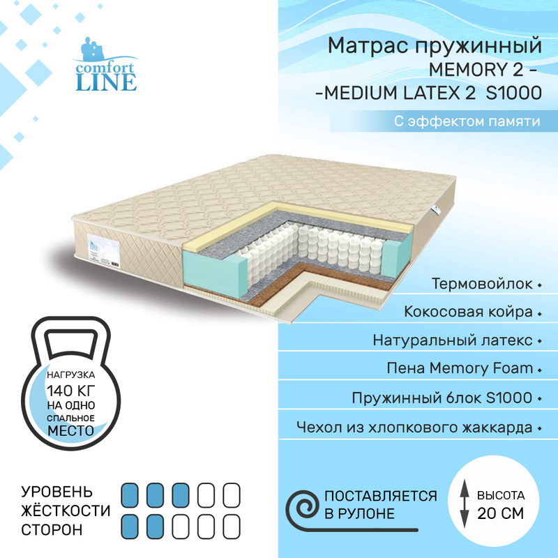 Матрас пружинный Comfort Line Memory 2 - Medium Latex 2 S1000 135х195, высота 20 см, Memory 2 - Medium Latex2
Матрас пружинный Comfort Line Memory 2 - Medium Latex 2 S1000 135х195, высота 20 см, Memory 2 - Medium Latex2