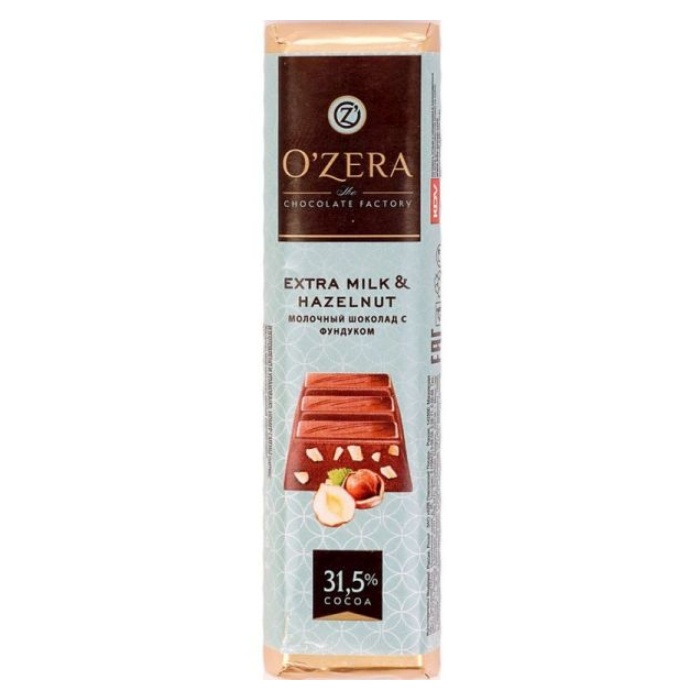 фото Батончик o'zera extra milk and hazelnut молочный с кусочками обжаренного фундука 42 г