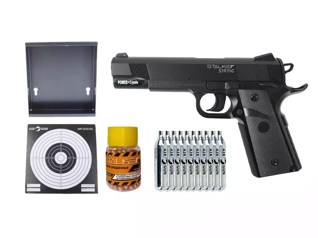фото Пневматический пистолет stalker s1911g + шарики + баллончики + мишени + пулеулавливатель