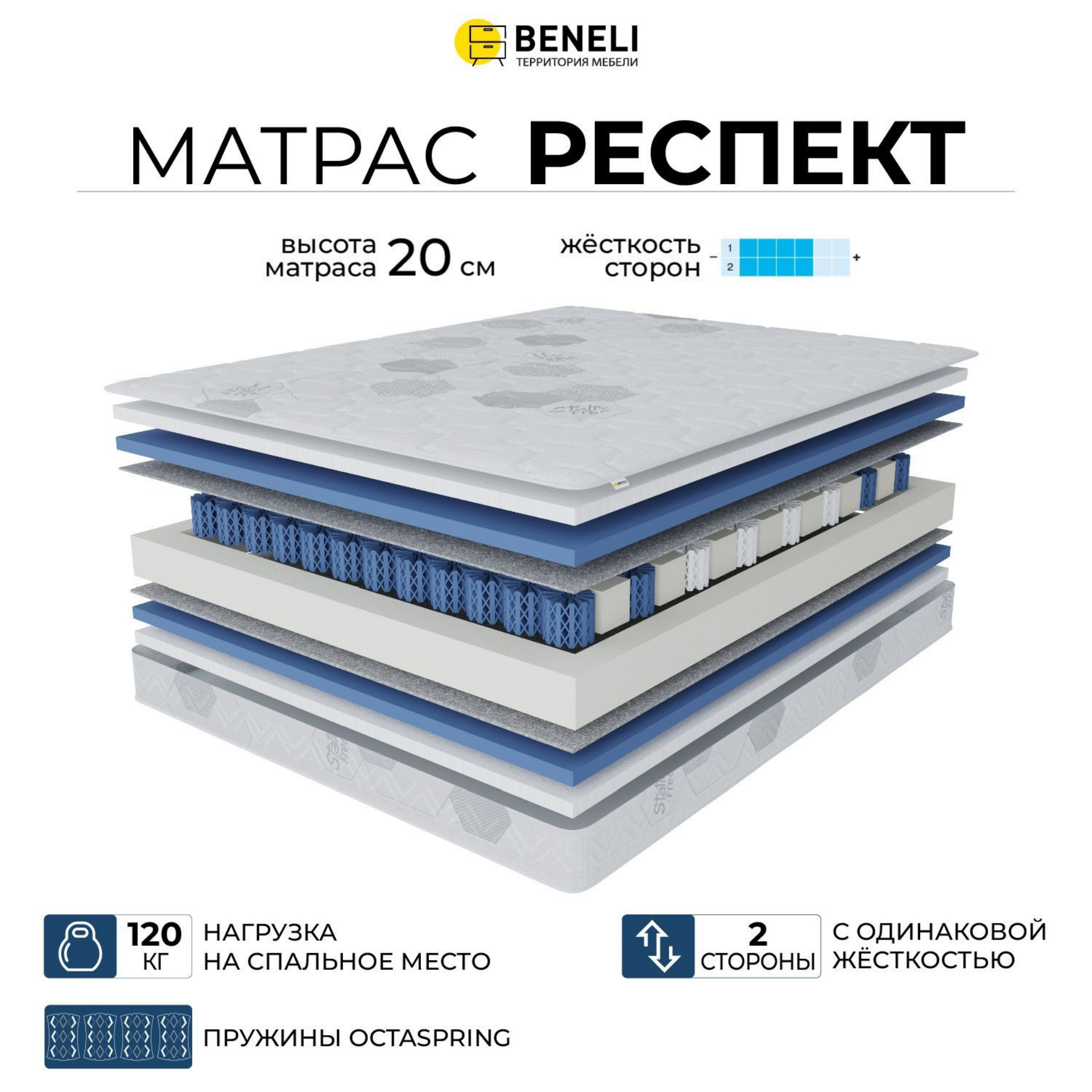 Ортопедический матрас Beneli Респект, двусторонний, гипоаллергенный, 80х190, Серый, Респект
Ортопедический матрас Beneli Респект, двусторонний, гипоаллергенный, 80х190, Серый, Респект