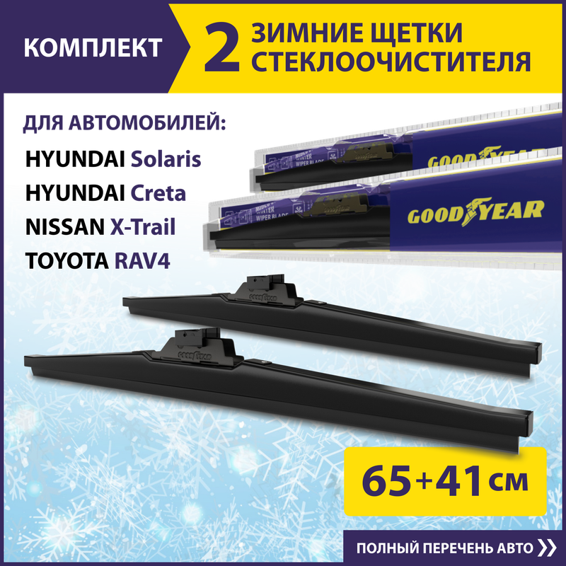 Комплект щеток стеклоочистителя GOODYEAR (65см+41см)HYUNDAI Solaris(-17)/TOYOTA RAV4(12-нв
Комплект щеток стеклоочистителя GOODYEAR (65см+41см)HYUNDAI Solaris(-17)/TOYOTA RAV4(12-нв