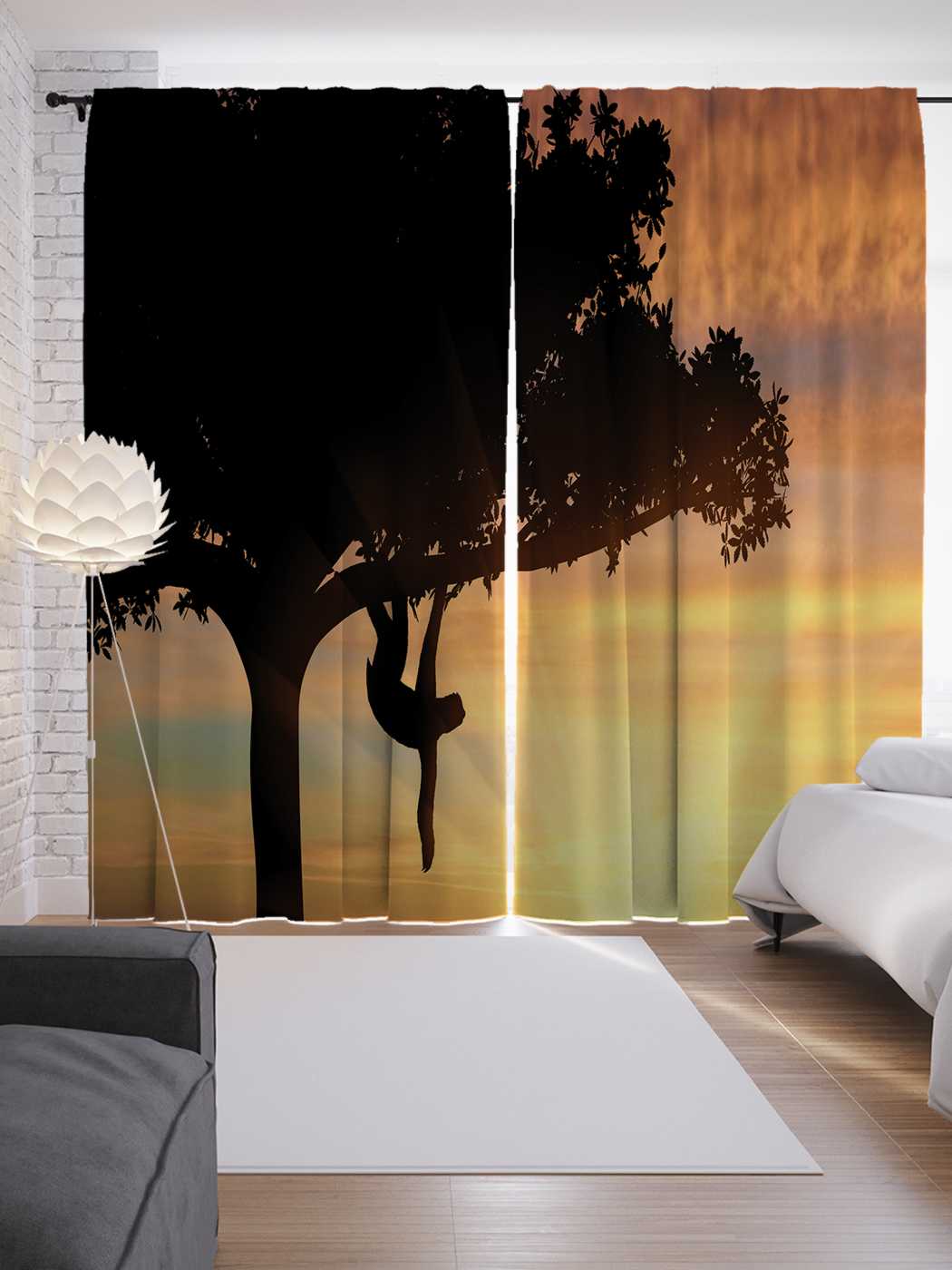 фото Шторы joyarty с фотопечатью "ленивец оттягивается" из сатена, 290х265 см