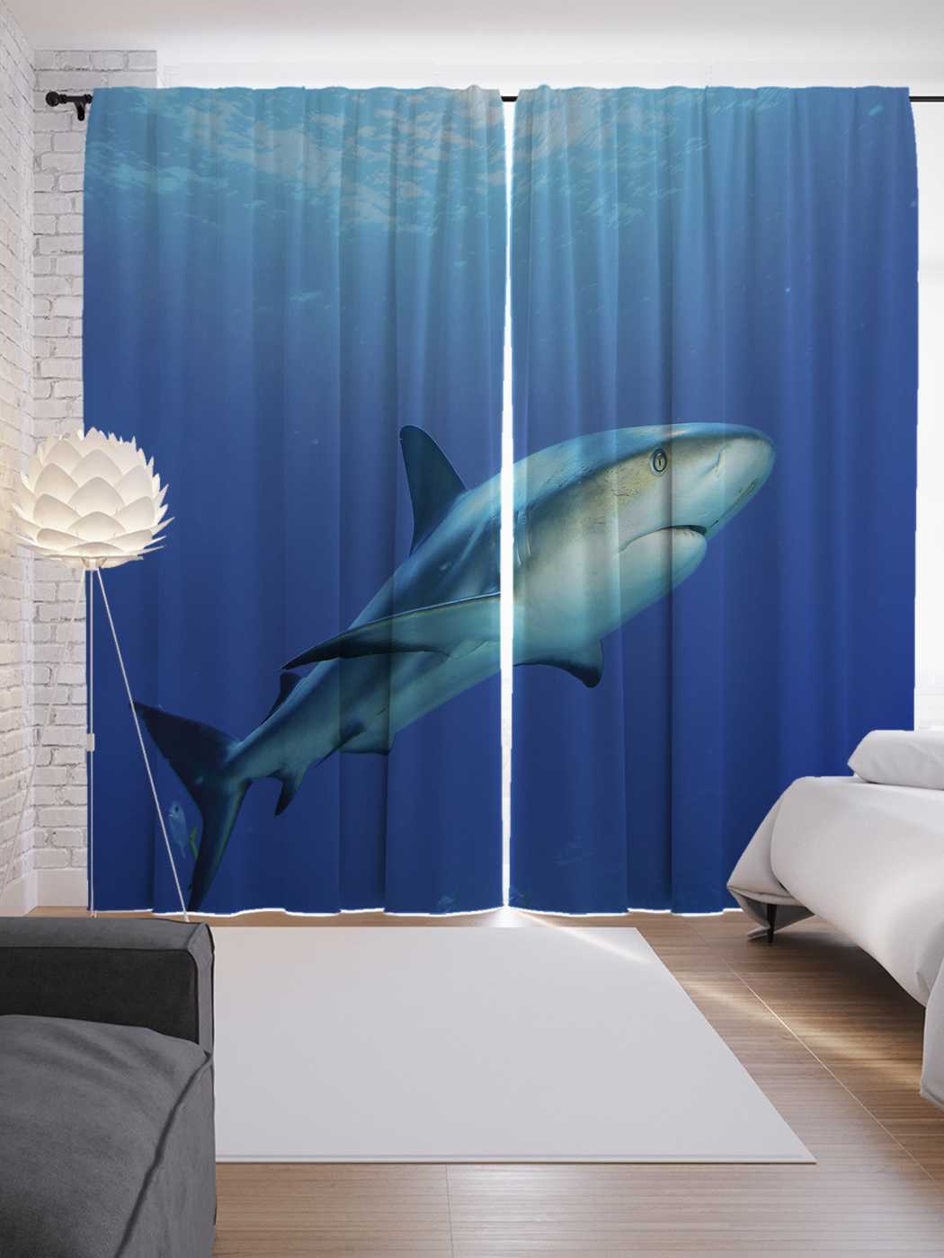 фото Шторы joyarty с фотопечатью "одинокая акула" из сатена, 290х265 см
