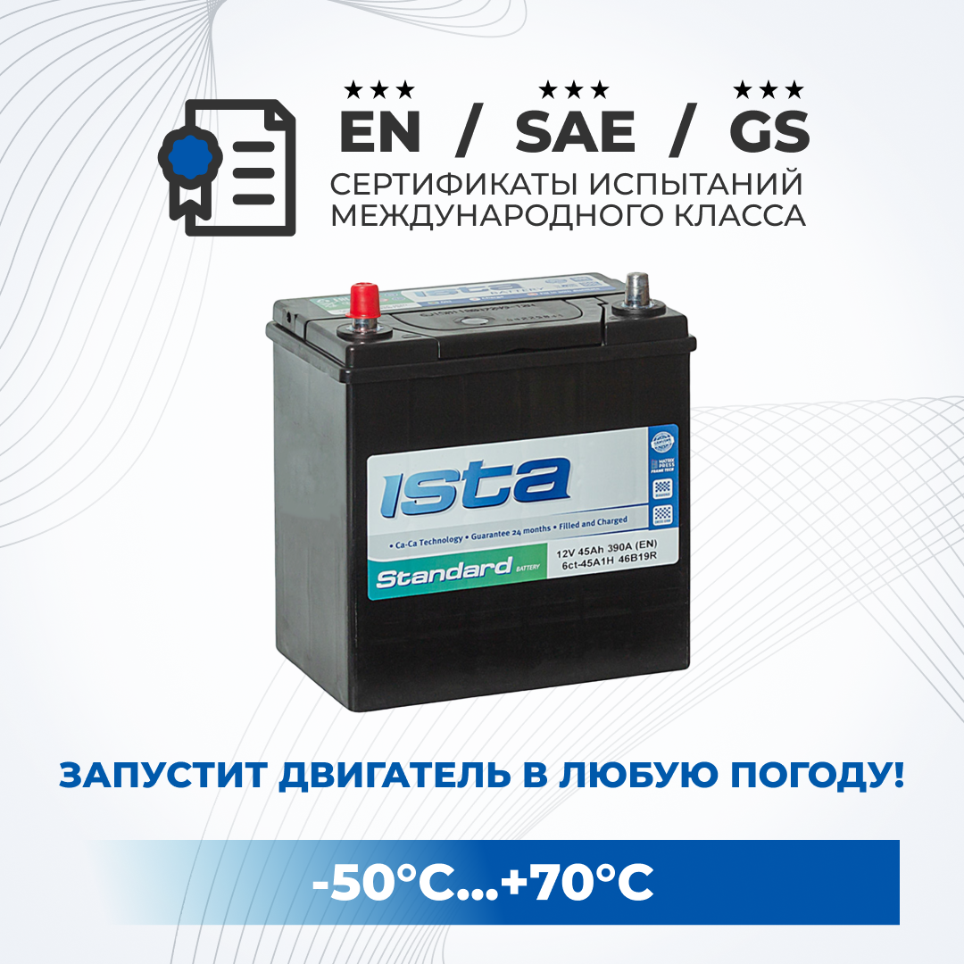 Аккумулятор автомобильный ISTA 46B19R 45Ah 390A прямая полярность легковой 187х129х225, ISTA 1
Аккумулятор автомобильный ISTA 46B19R 45Ah 390A прямая полярность легковой 187х129х225, ISTA 1