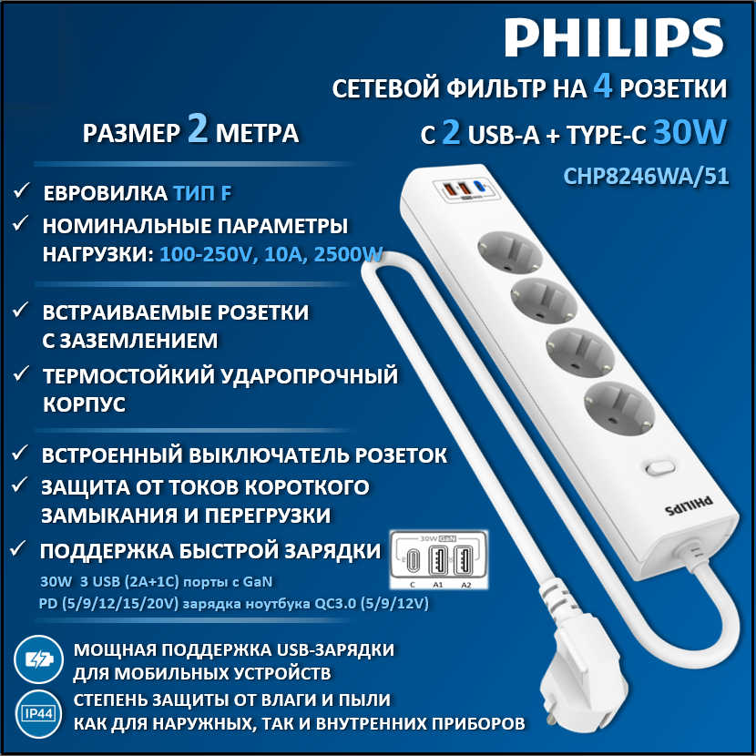 Сетевой фильтр удлинитель Philips CHP8246WA/51 с четырьмя розетками EU, 2 USB, 2 м, белый, CHP8246
Сетевой фильтр удлинитель Philips CHP8246WA/51 с четырьмя розетками EU, 2 USB, 2 м, белый, CHP8246