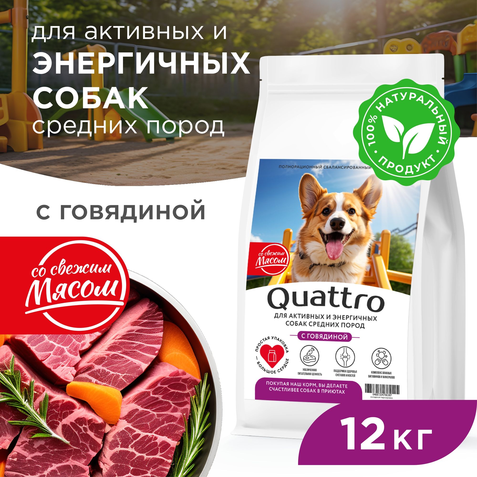 Сухой корм для собак QUATTRO, средние породы, для активных и энергичных, говядина, 12 кг
Сухой корм для собак QUATTRO, средние породы, для активных и энергичных, говядина, 12 кг