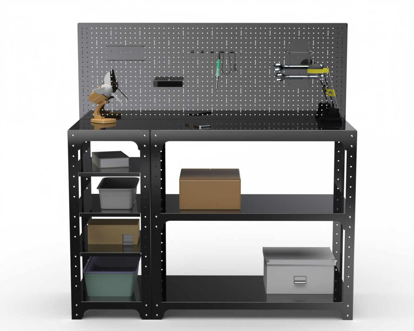 Стол-верстак Metalex серия KIT 950х1700х500 с бок. полками, перфопанелью, черный
Стол-верстак Metalex серия KIT 950х1700х500 с бок. полками, перфопанелью, черный