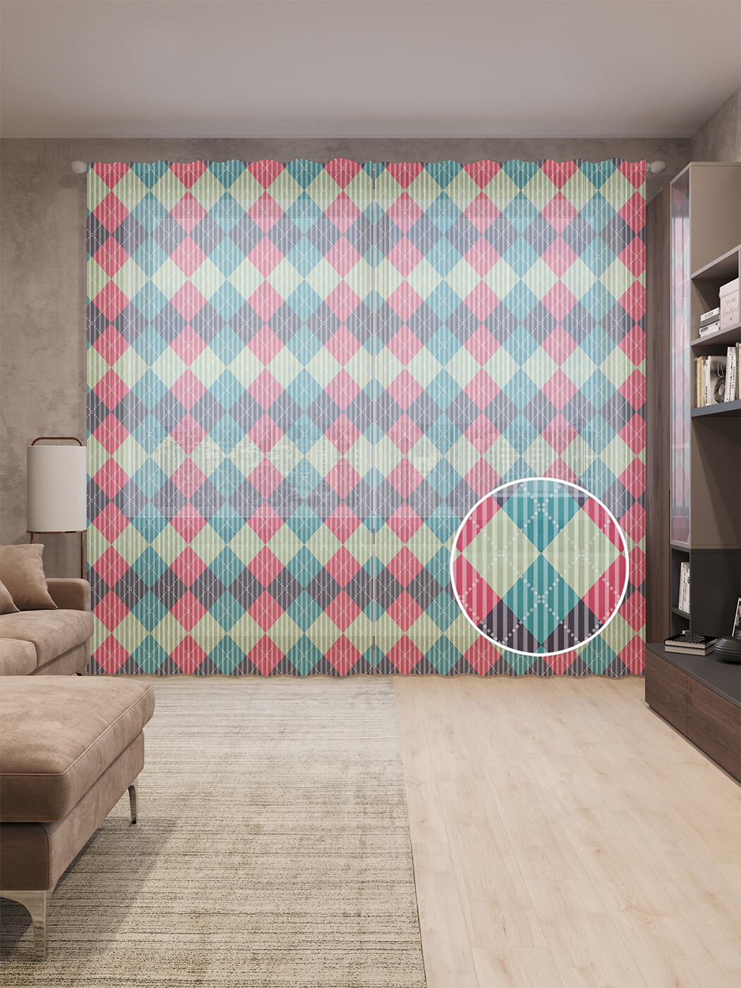 Тюль вуаль на шторной ленте с принтом JoyArty "Цветные ромбы", 310х265 см, Цветные ромбы