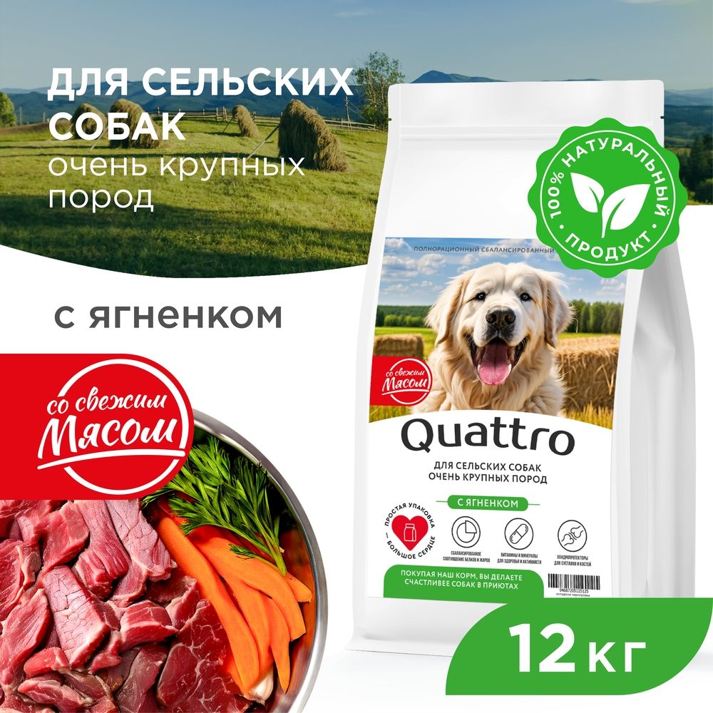 Сухой корм для собак QUATTRO, большие породы, для живущих в деревне, с ягненком, 12 кг