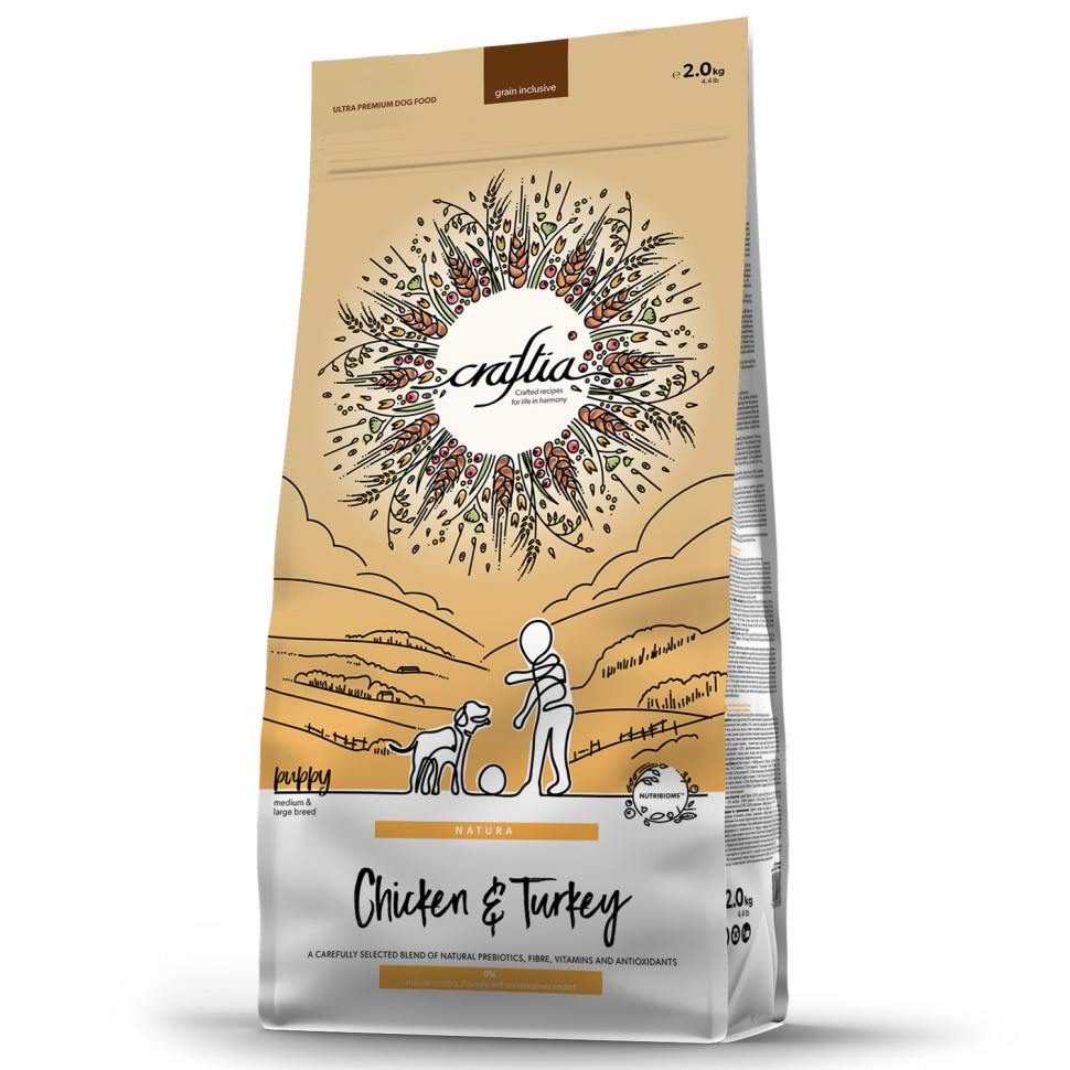 Сухой корм для щенков Craftia Natura средних и крупных пород, с курицей и индейкой, 2 кг
Сухой корм для щенков Craftia Natura средних и крупных пород, с курицей и индейкой, 2 кг