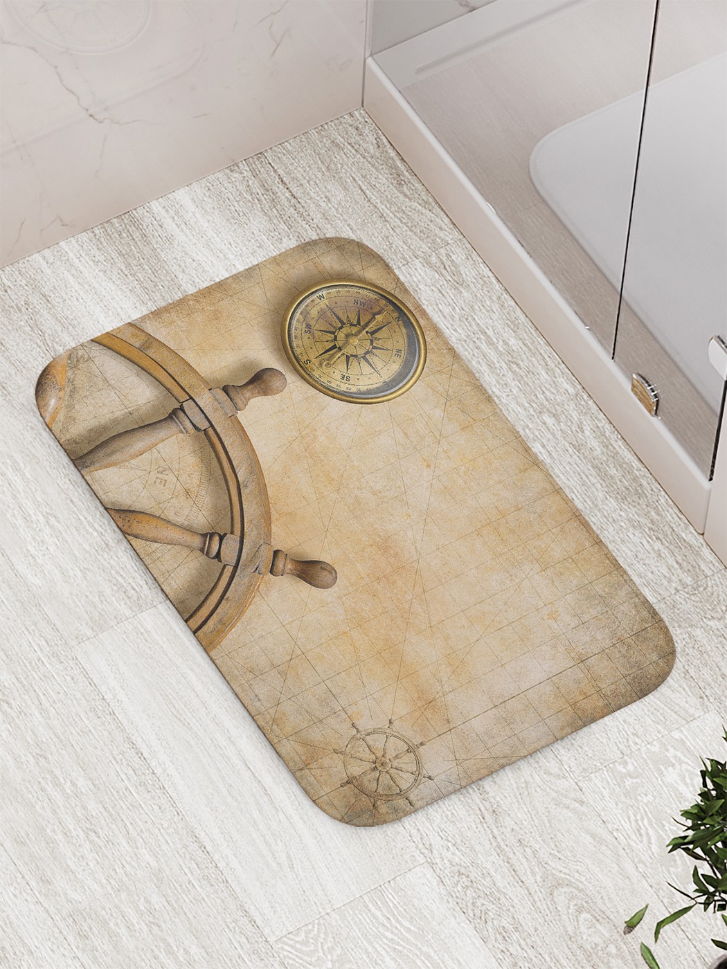 фото Коврик противоскользящий joyarty "компас и штурвал" для ванной, сауны, бассейна, 77х52 см