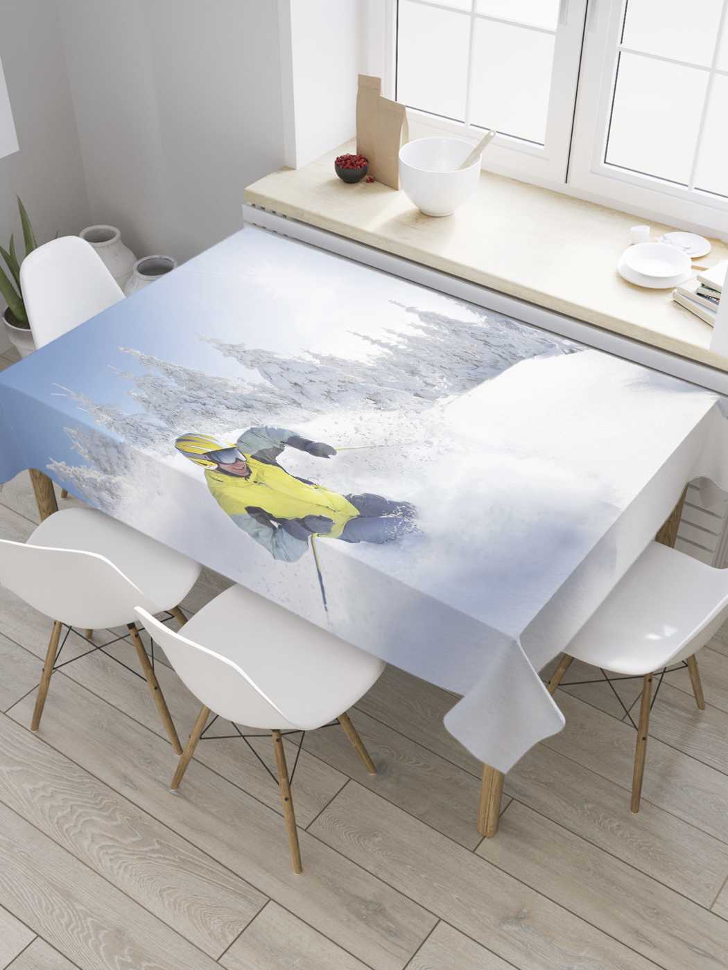 фото Скатерть прямоугольная joyarty "скользящий в снегу лыжник" из сатена, 180x145 см