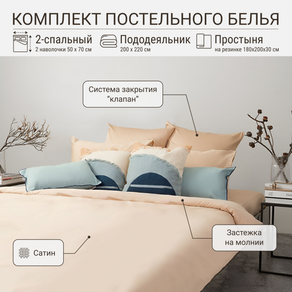 Комплект постельного белья TKANO 2-сп. с простыней на резинке из сатина бежево-розовый, Essential
Комплект постельного белья TKANO 2-сп. с простыней на резинке из сатина бежево-розовый, Essential