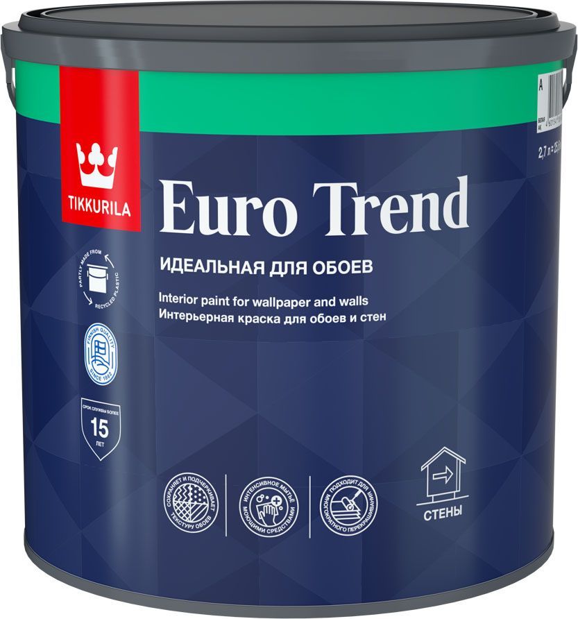 TIKKURILA Euro Trend base А белая краска интерьерная для обоев и стен матовая (2,7л), Белый
TIKKURILA Euro Trend base А белая краска интерьерная для обоев и стен матовая (2,7л), Белый