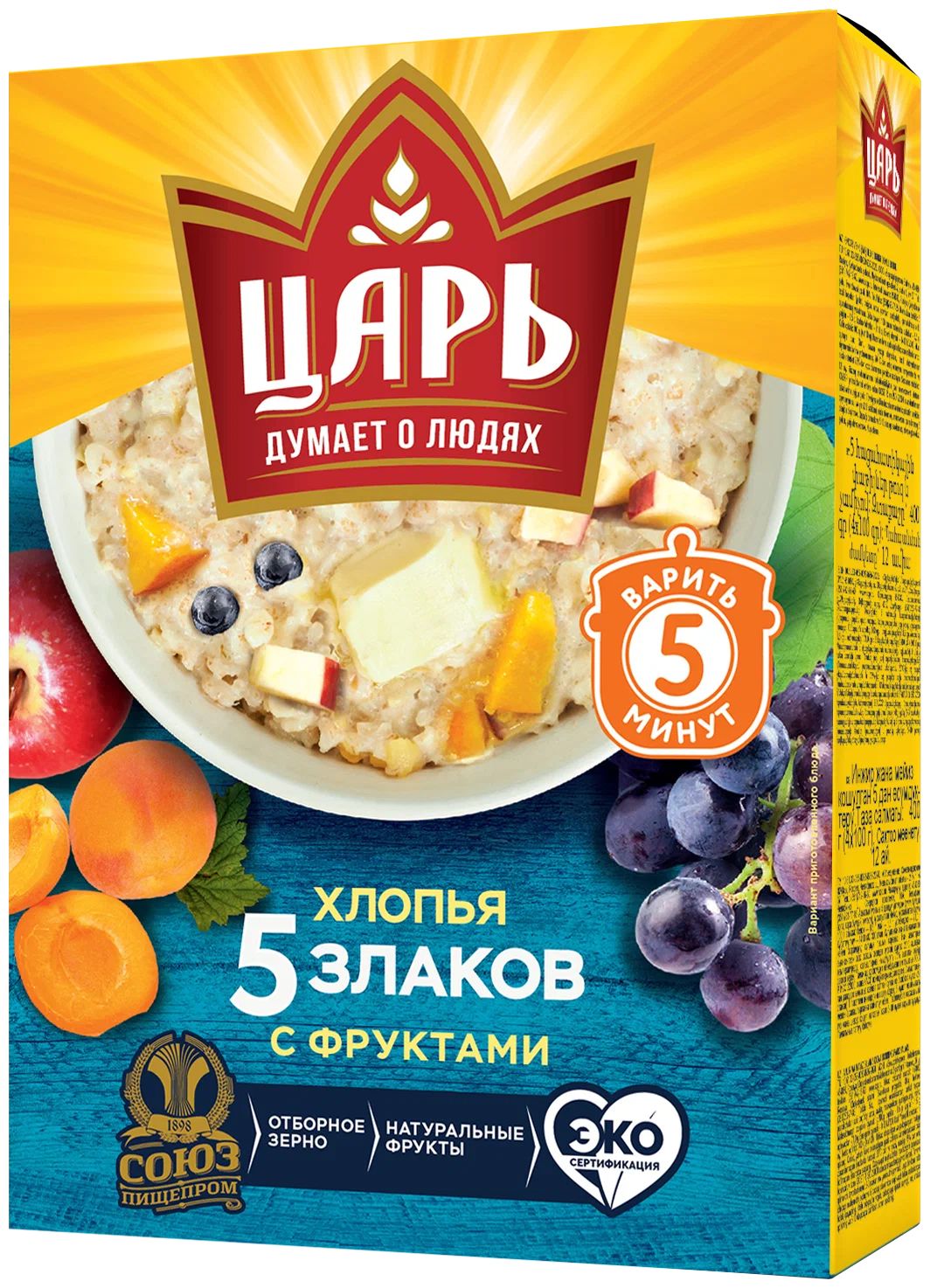 Хлопья Царь 5 злаков с фруктами (абрикос, яблоки, изюм), без сахара, 2 шт  по 400 г – купить в Москве, цены в интернет-магазинах на Мегамаркет