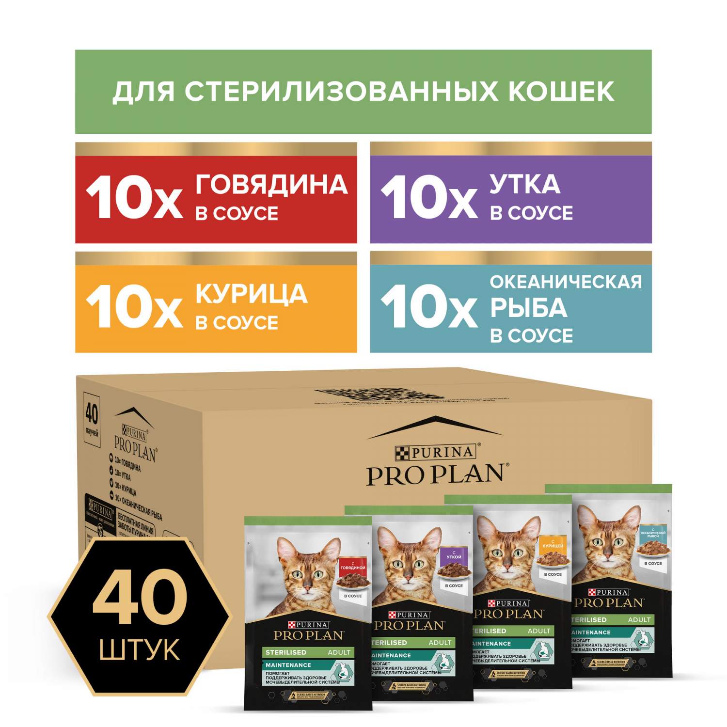 Влажный корм Pro Plan Sterilised для кошек, говядина, курица, утка, рыба в  соусе, 85г*40шт - отзывы покупателей на маркетплейсе Мегамаркет | Артикул  товара:100050562346