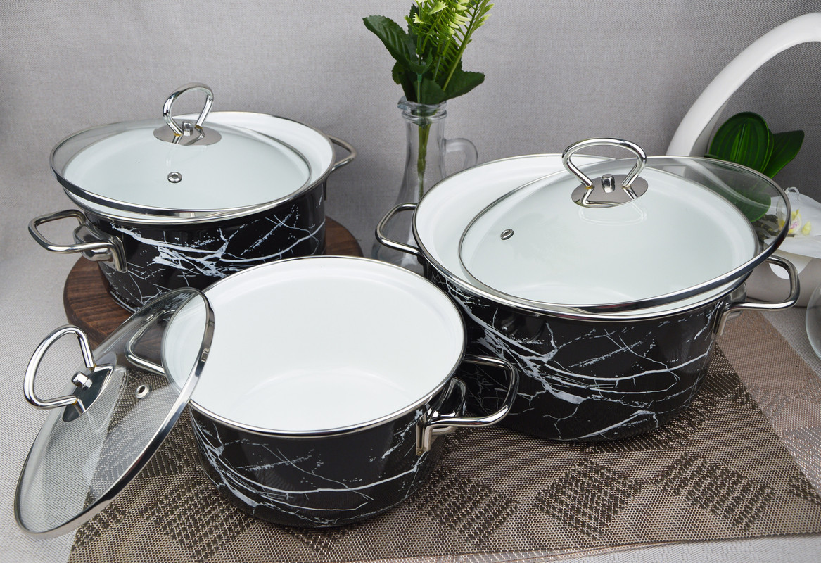 Набор кастрюль Керченская эмаль Черный мрамор-Элит металл 1,9, 2,5, 3,7 ...