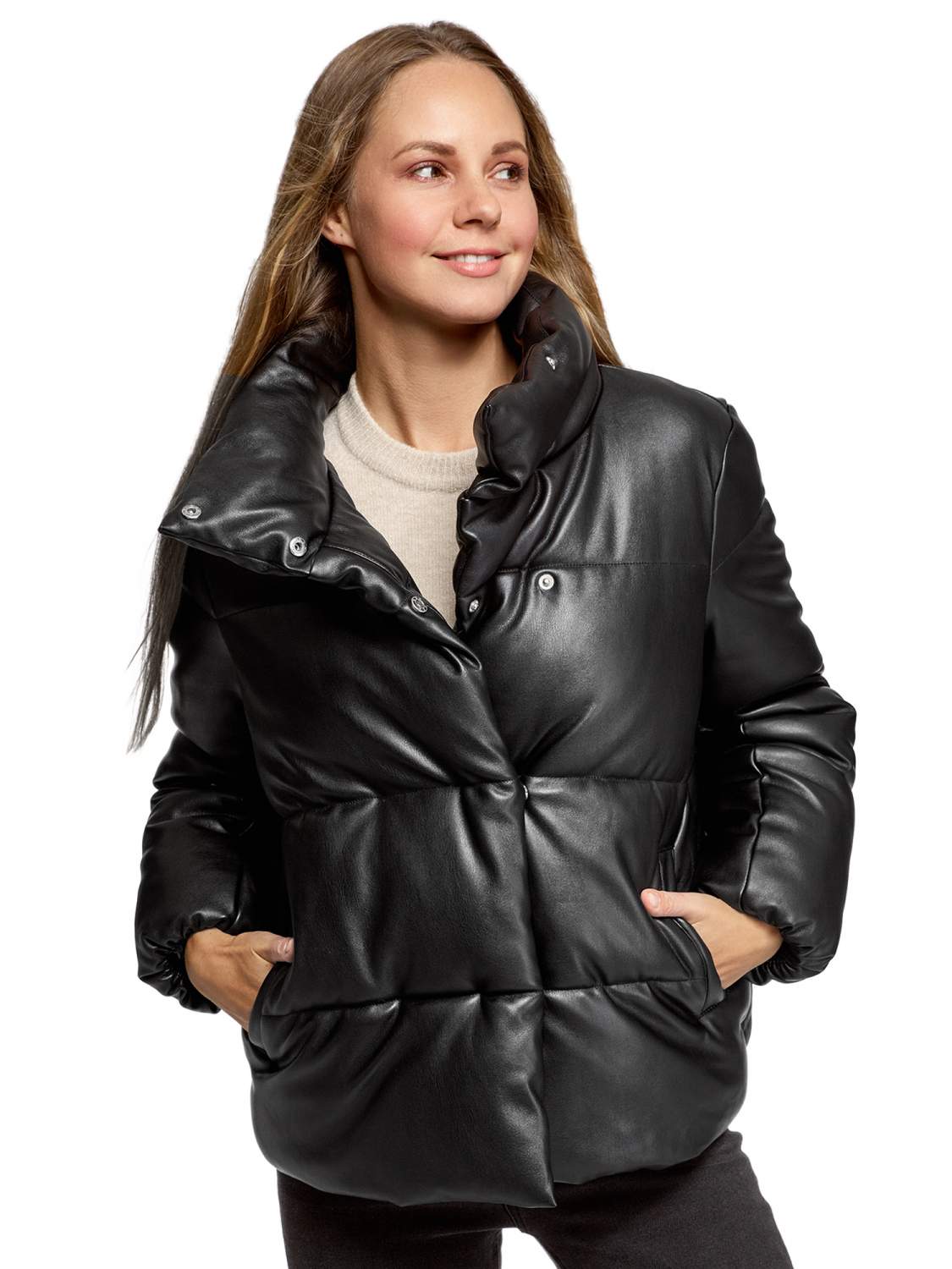 Куртка женская из натуральной кожи песочная/черная, модель 2143