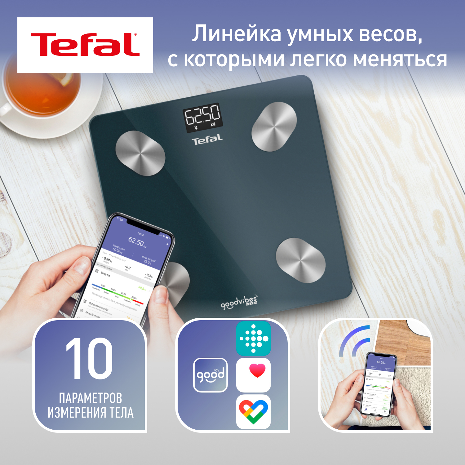 Весы напольные Tefal Goodvibes Life BM9620S1 Blue - отзывы покупателей на  маркетплейсе Мегамаркет | Артикул: 600005402159