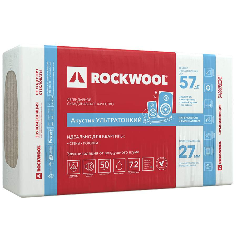 ROCKWOOL Акустик Ультратонкий каменная вата 1000х600х27мм 7,2м2=0,19м3  упак. 12шт. купить в интернет-магазине, цены на Мегамаркет