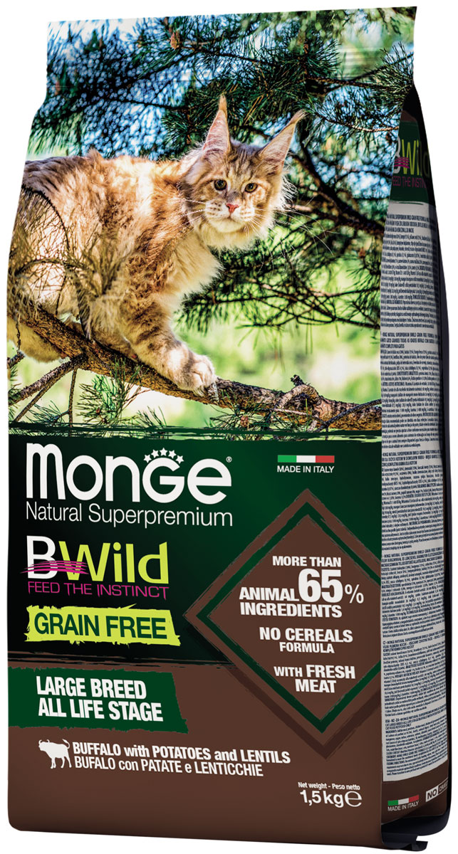 Купить сухой корм для кошек Monge BWild Grain Free Large Breed, буйвол и  картофель, 1,5кг, цены на Мегамаркет | Артикул: 600001485688