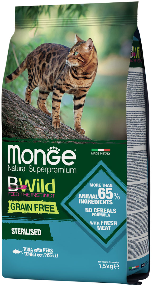 Купить сухой корм для кошек Monge BWild Grain Free Sterilised, тунец и  горох, 1,5кг, цены на Мегамаркет | Артикул: 600001485687