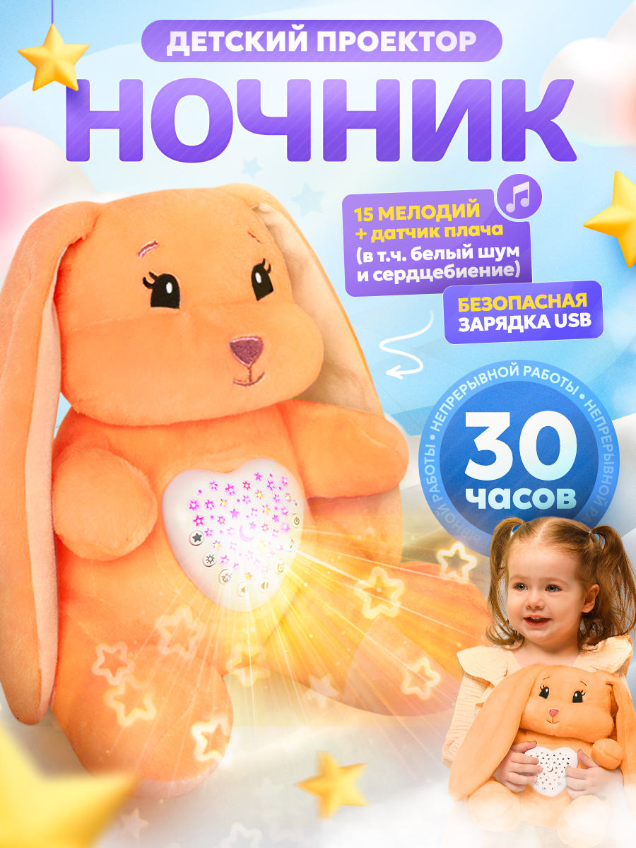 Ночник детский babypolis оранжевый зайчик с проектором белым шумом и  датчиком плача – купить в Москве, цены в интернет-магазинах на Мегамаркет