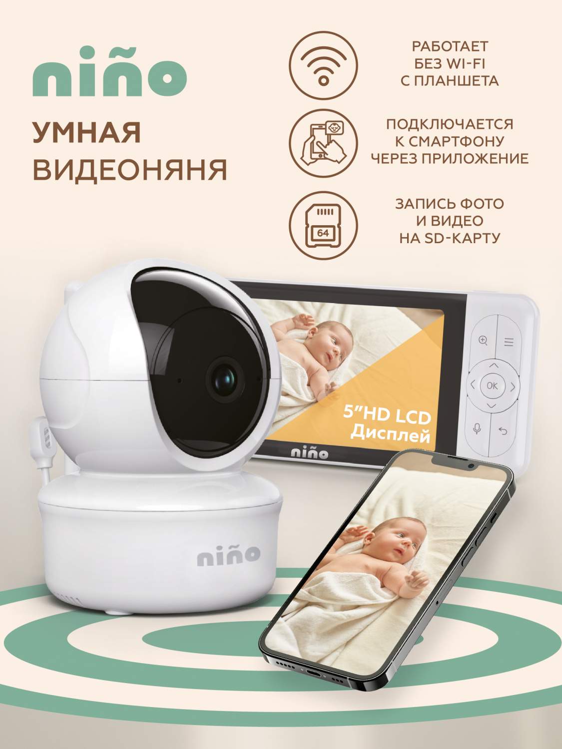 Видеоняня беспроводная Nino Baby6T с подключением к монитору и телефону –  характеристики на Мегамаркет