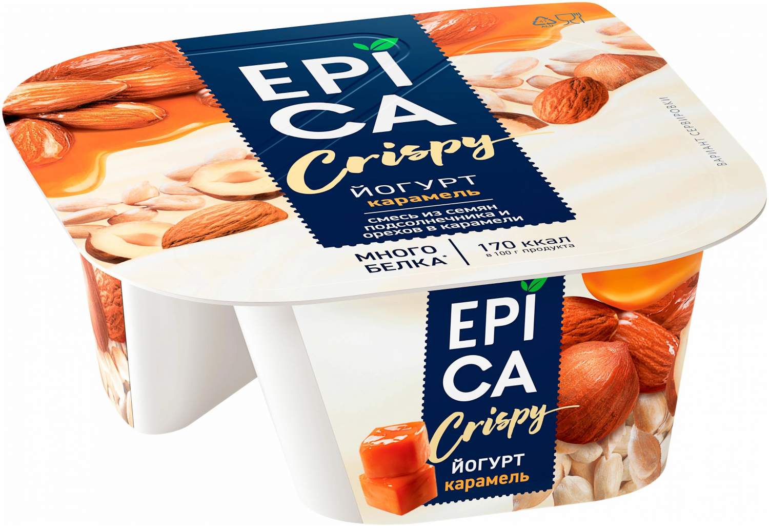 Купить йогурт Epica Crispy с карамелью и орехами 10,2% БЗМЖ 140 г, цены на  Мегамаркет | Артикул: 100040814121