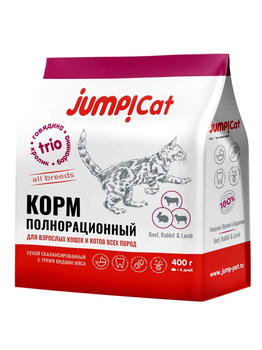 Сухой корм для кошек Jump Cat Trio Adult говядина, кролик, баранина, 400 г  – характеристики на Мегамаркет