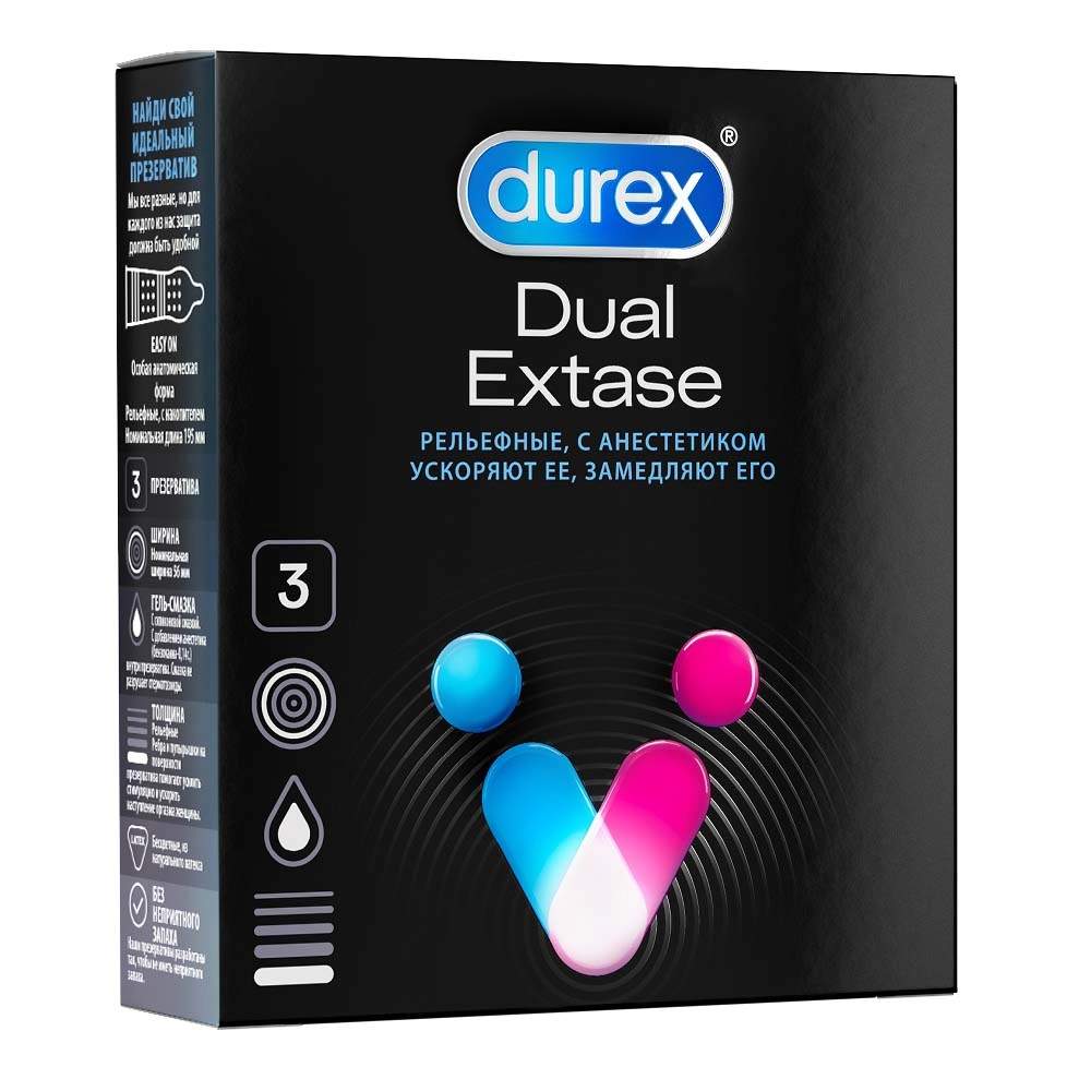 Презервативы DUREX Dual Extase рельефные с анестетиком 3 шт. -  характеристики и описание на Мегамаркет