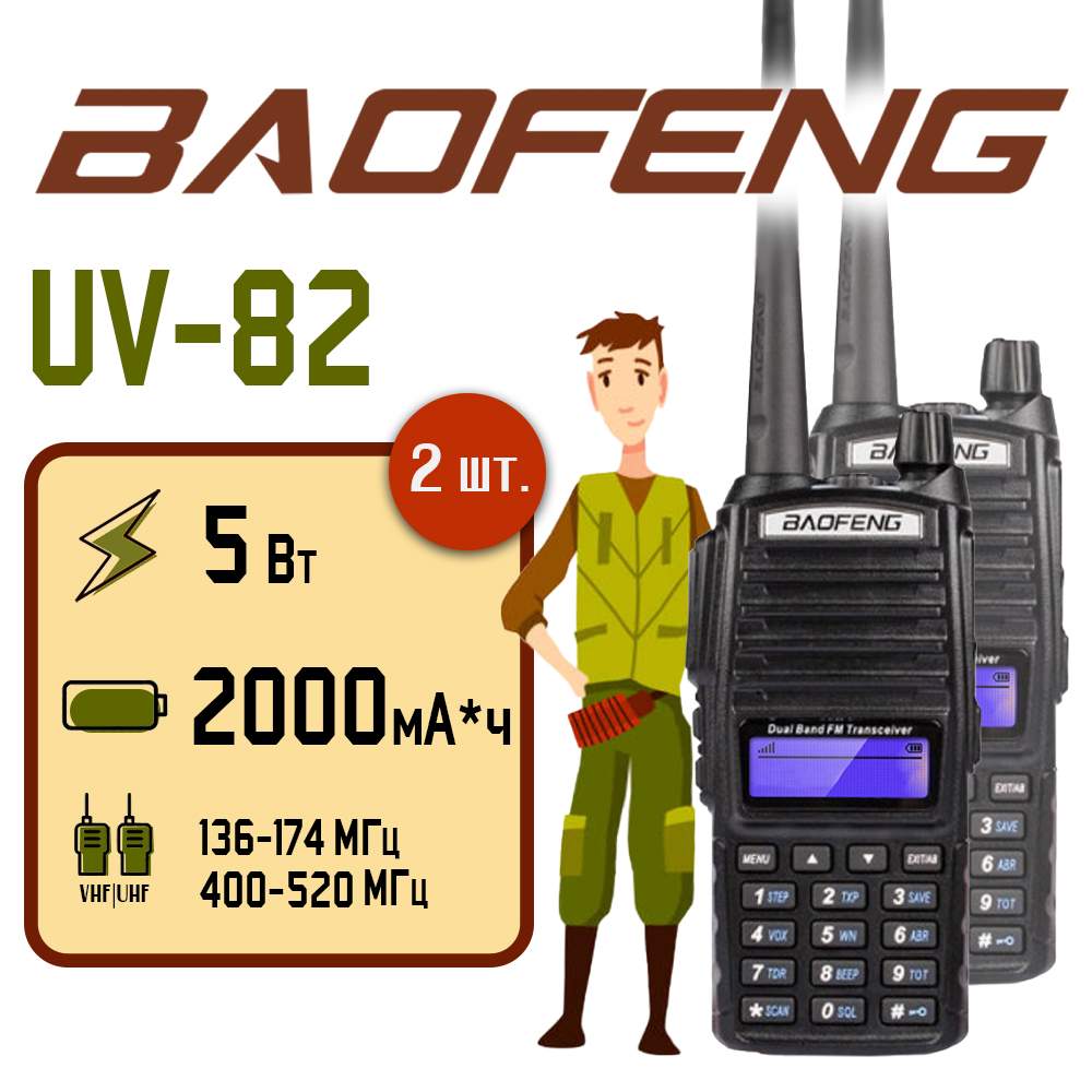 Портативная рация Baofeng UV-82, черная (комплект 2 шт) - купить в Москве,  цены на Мегамаркет | 600005970938