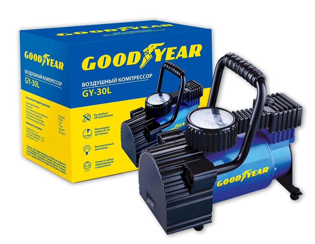 Купить автокомпрессор Манометр, Насадки, 12 V, 7 Атм, 30 Л/Мин, GOODYEAR  арт. GY000101, цены на Мегамаркет | Артикул: 100026381416