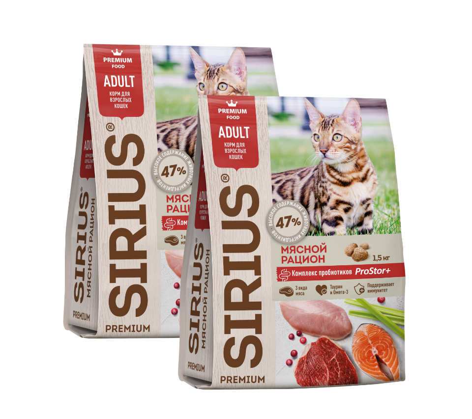 Сухой корм для кошек SIRIUS Мясной рацион, 2 шт по 1,5 кг - отзывы ...