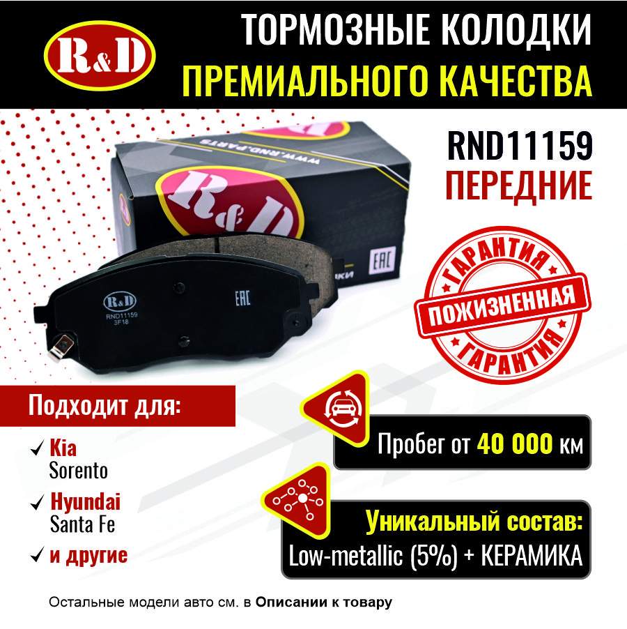 Тормозные колодки R&D передние Hyundai Santa Fe 4/Kia Sorento 3 RND11159 -  купить в Москве, цены на Мегамаркет