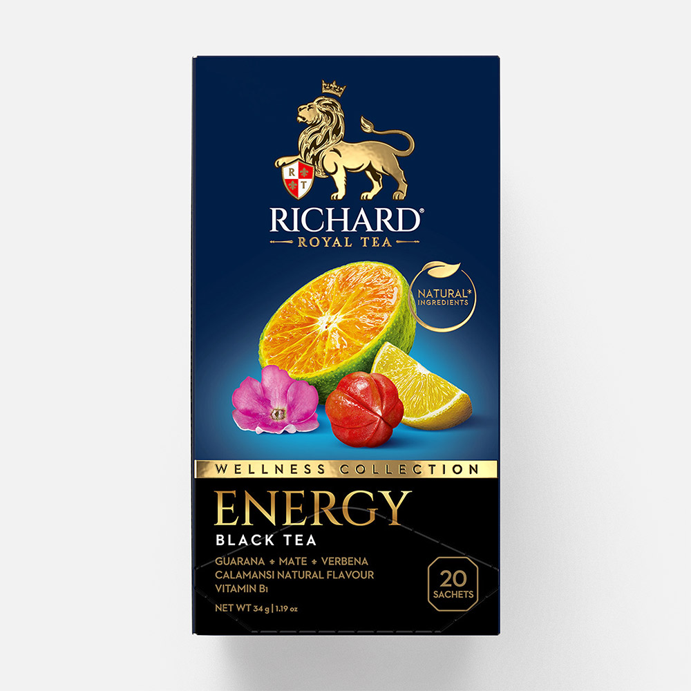 Купить чёрный байховый чай Richard Energy, с мате, каламанси, вербеной и  гуараной, 20 пакетиков, цены на Мегамаркет | Артикул: 100061333477