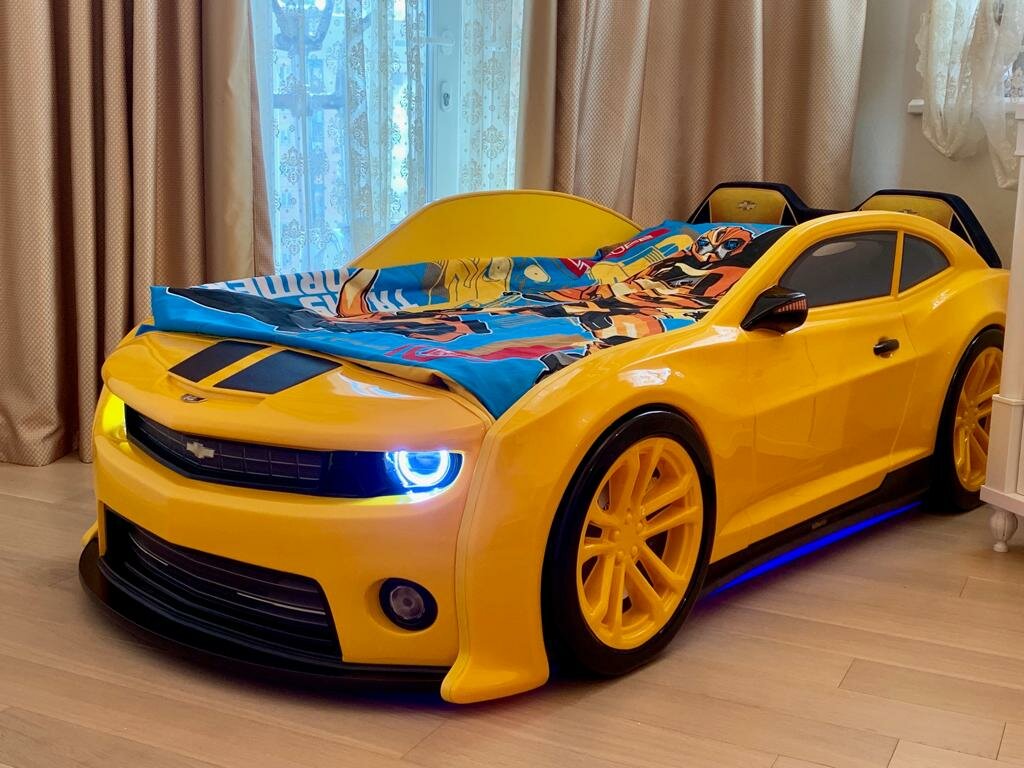 Кровать-машина Futuka Kids EVO Camaro желтая 180х90 см с подсветкой фар подсветкой  дна – купить в Москве, цены в интернет-магазинах на Мегамаркет