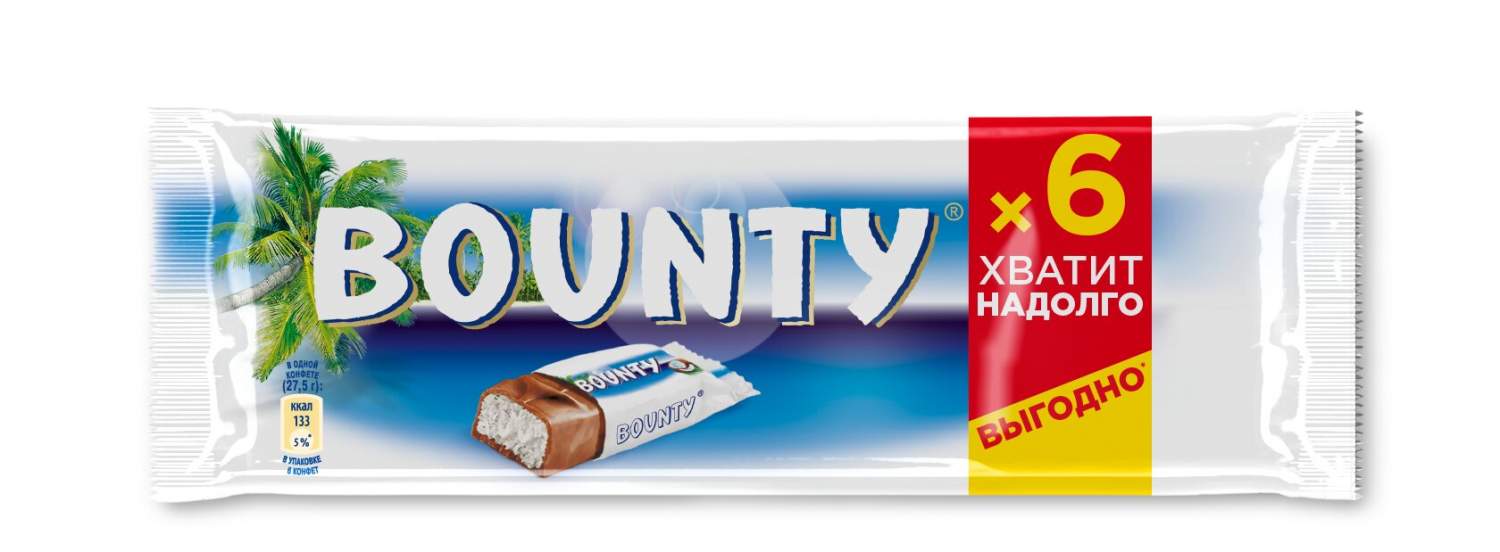 Шоколадный батончик Bounty молочный с кокосом 27,5 x 6 шт - отзывы  покупателей на маркетплейсе Мегамаркет | Артикул: 100028428765