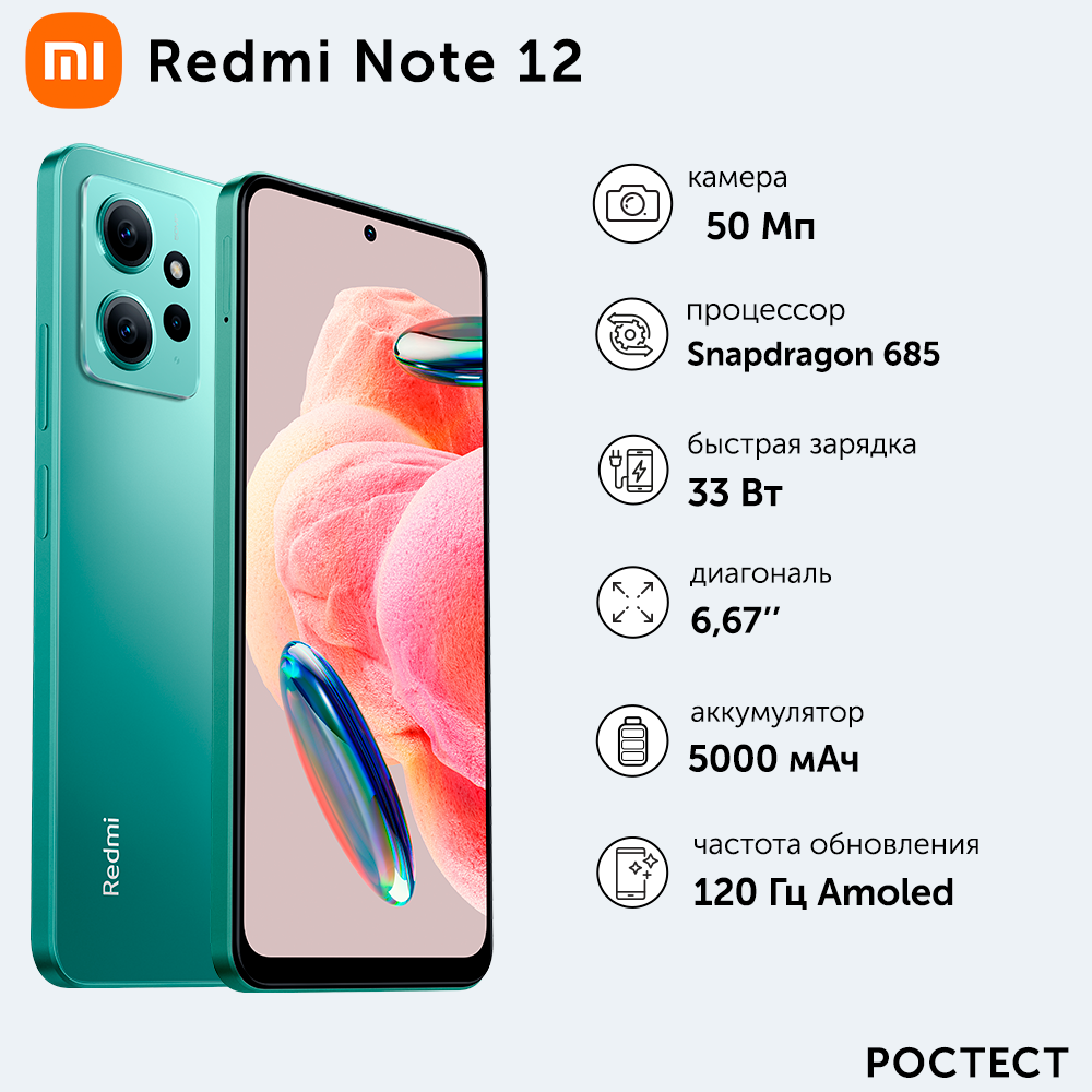 Смартфон Xiaomi Redmi Note 12 6/128GB mint green - характеристики и  описание на Мегамаркет