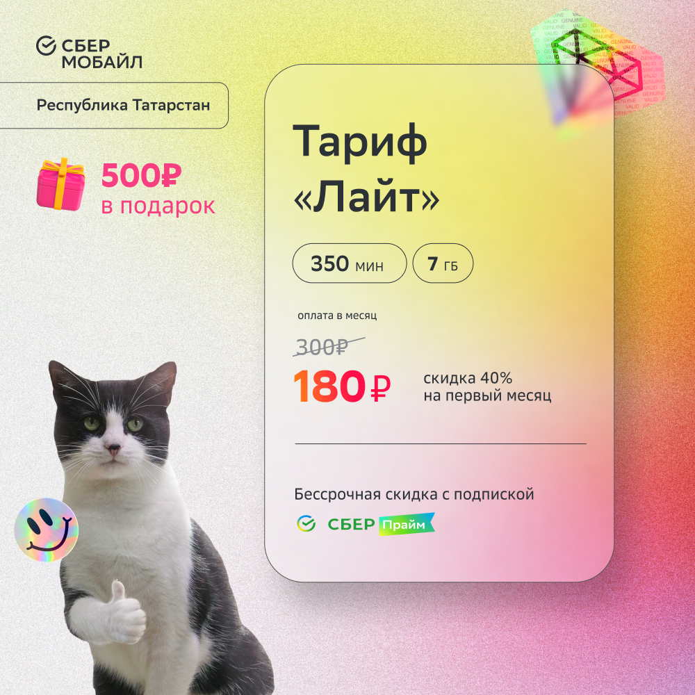 SIM-карта СберМобайл. Тариф Лайт (Респ. Татарстан) – купить в Москве, цены  в интернет-магазинах на Мегамаркет