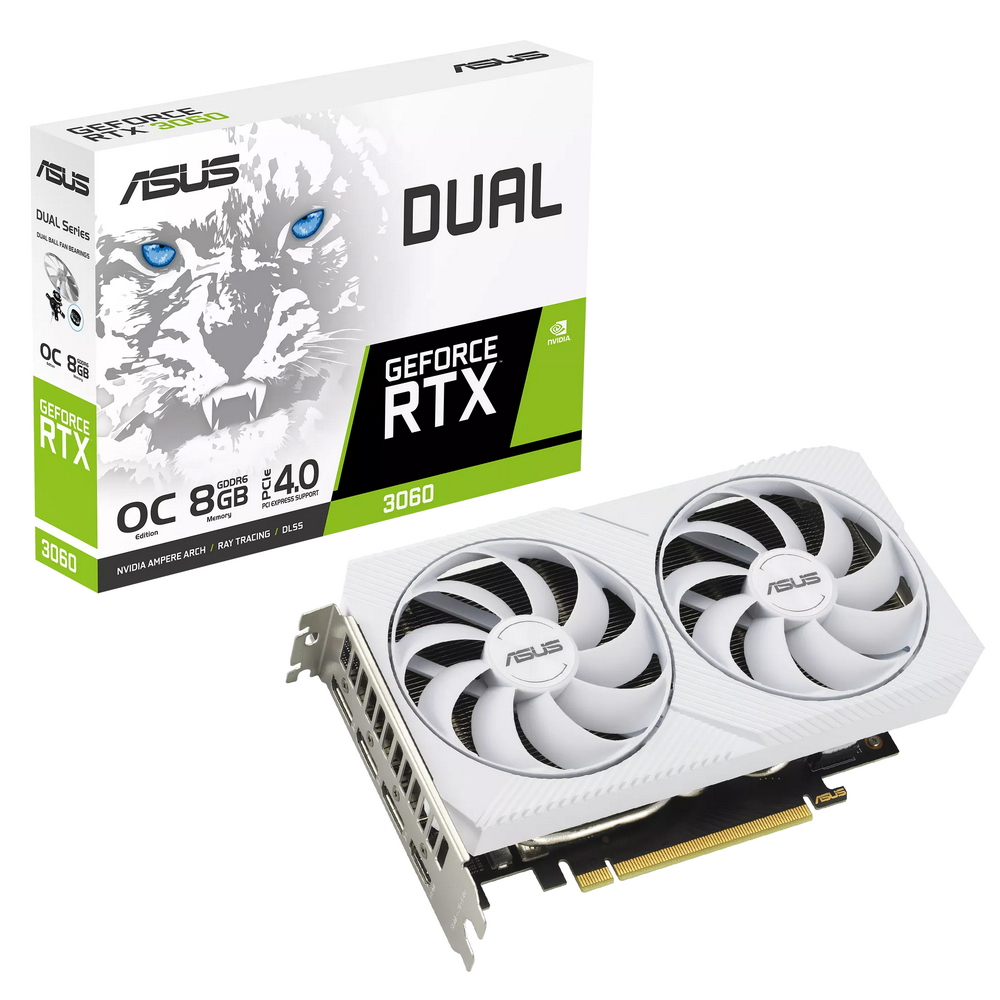 Видеокарта ASUS NVIDIA GeForce RTX 3060 DUAL White OC Edition DUAL-RTX3060-O8G-WHITE  – купить в Москве, цены в интернет-магазинах на Мегамаркет