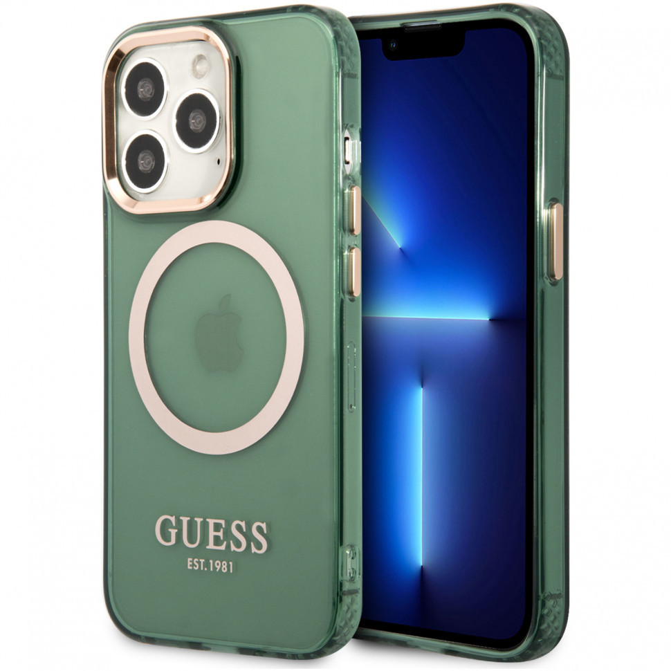 Чехол guess pc/tpu metal outline hard (magsafe) для iphone 13 pro,  зеленый/золотой, купить в Москве, цены в интернет-магазинах на Мегамаркет